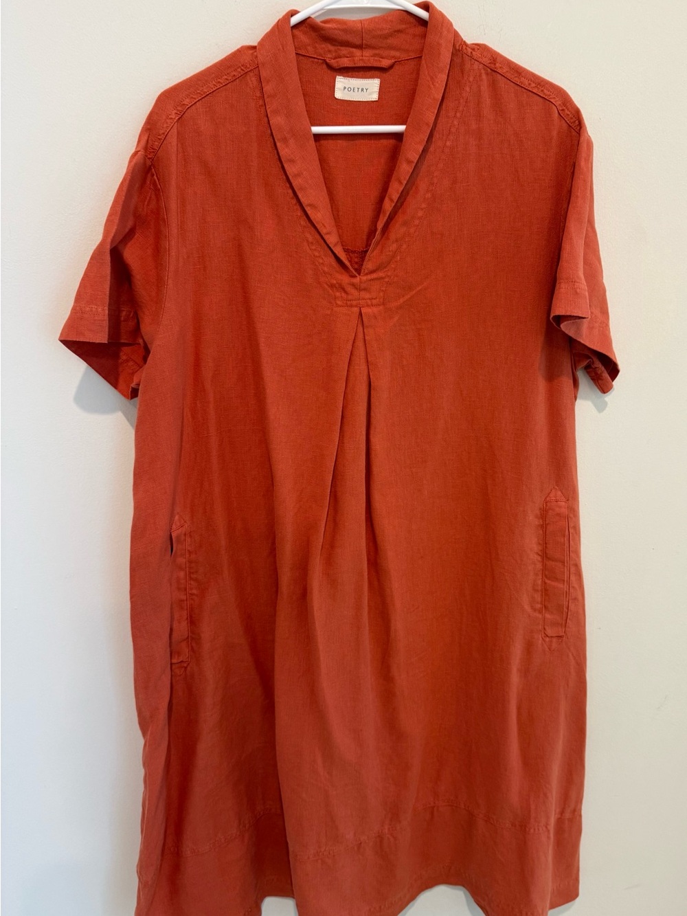 Poetry Coral-Orange V-Neck Short Sleeve linen A-Line Dress - Picture 2 of 6